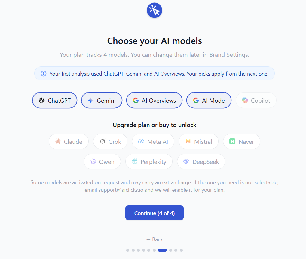AIclicks onboarding screen for selecting AI models including ChatGPT Gemini and Google AI