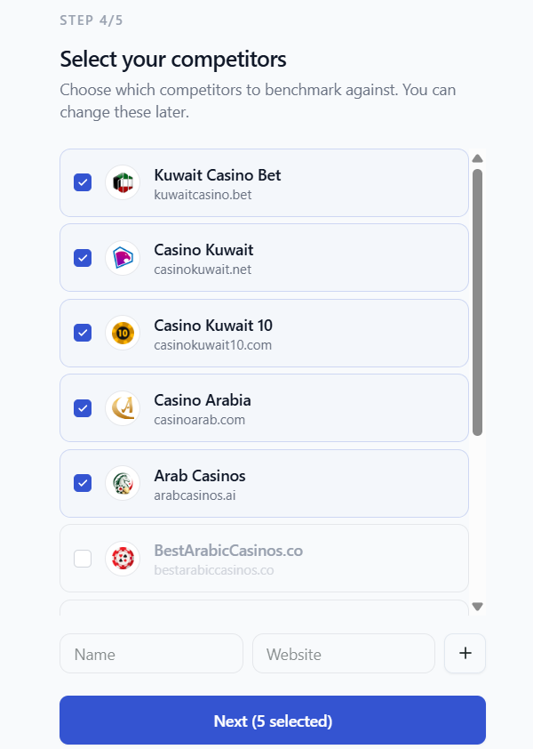 AIclicks onboarding competitor selection for an iGaming project