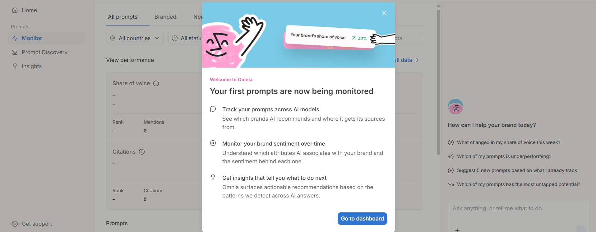 Omnia onboarding screen showing prompt monitoring across AI models, sentiment tracking and actionable insights