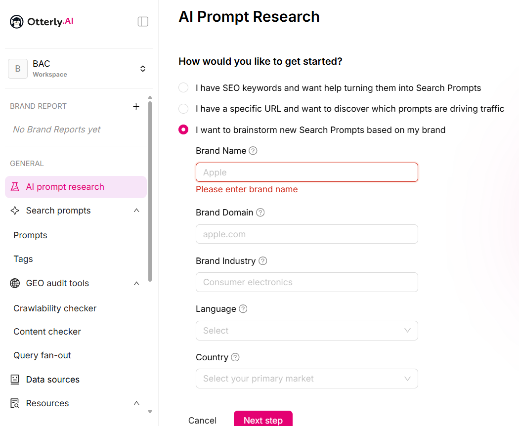 Otterly AI Prompt Research interface used during our iGaming test