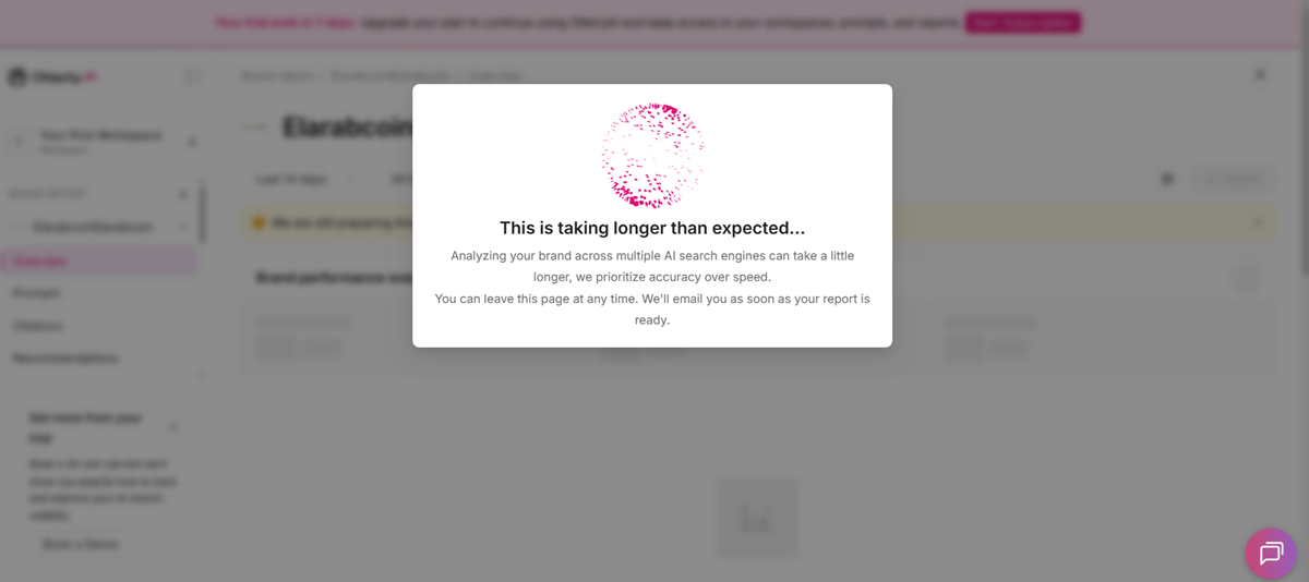 Otterly AI setup screen showing longer than expected brand analysis during our test