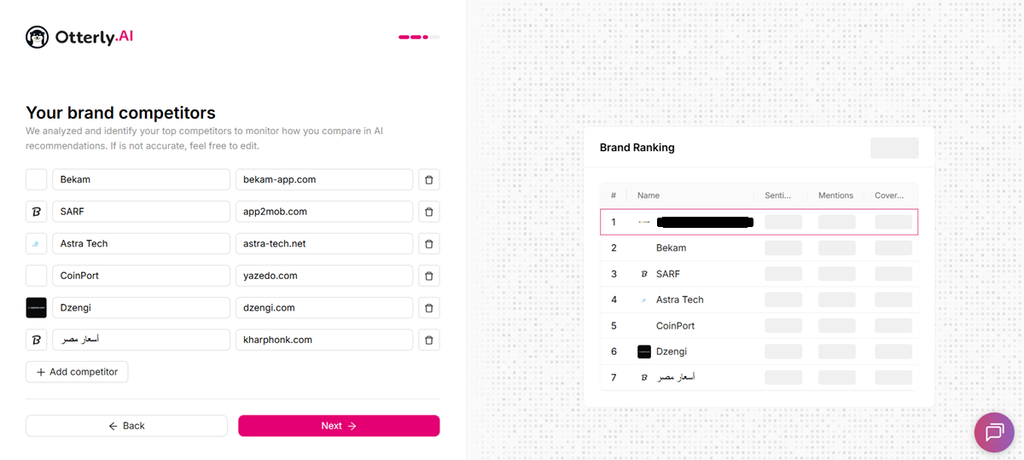 Otterly AI competitor suggestions from our iGaming setup showing manually editable competitors