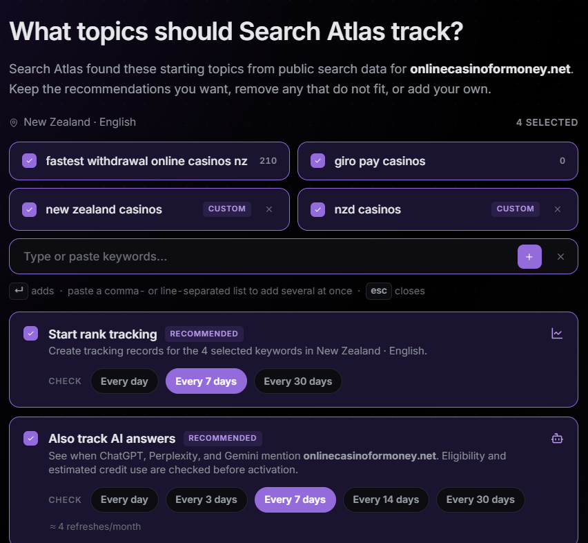 Search Atlas topics and AI answer tracking setup