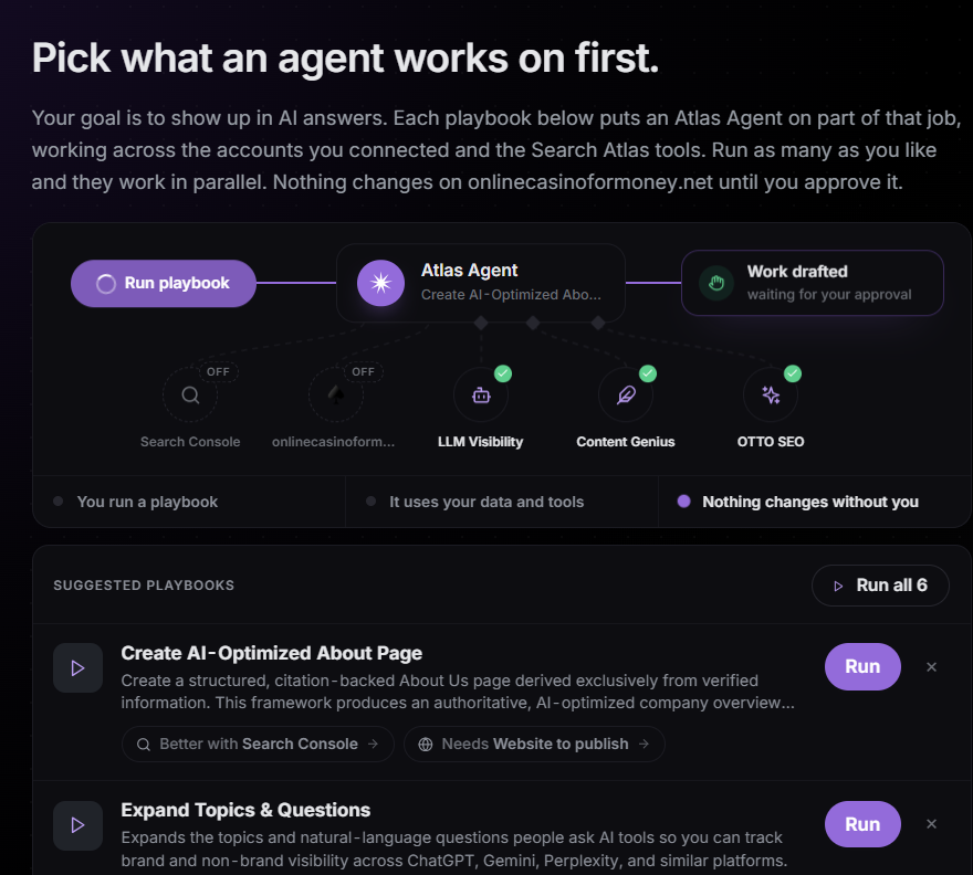 Search Atlas Atlas Agent playbooks interface