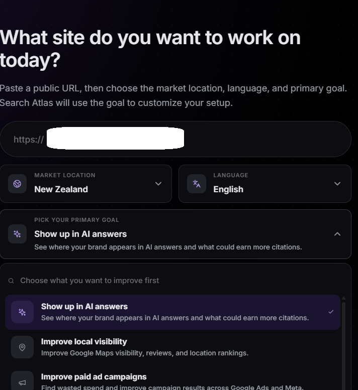 Search Atlas site setup for AI visibility tracking