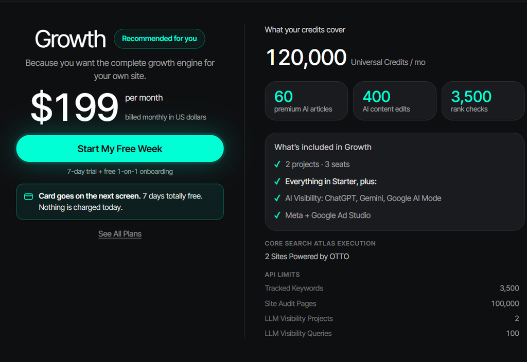 Search Atlas pricing and 7 day trial screen