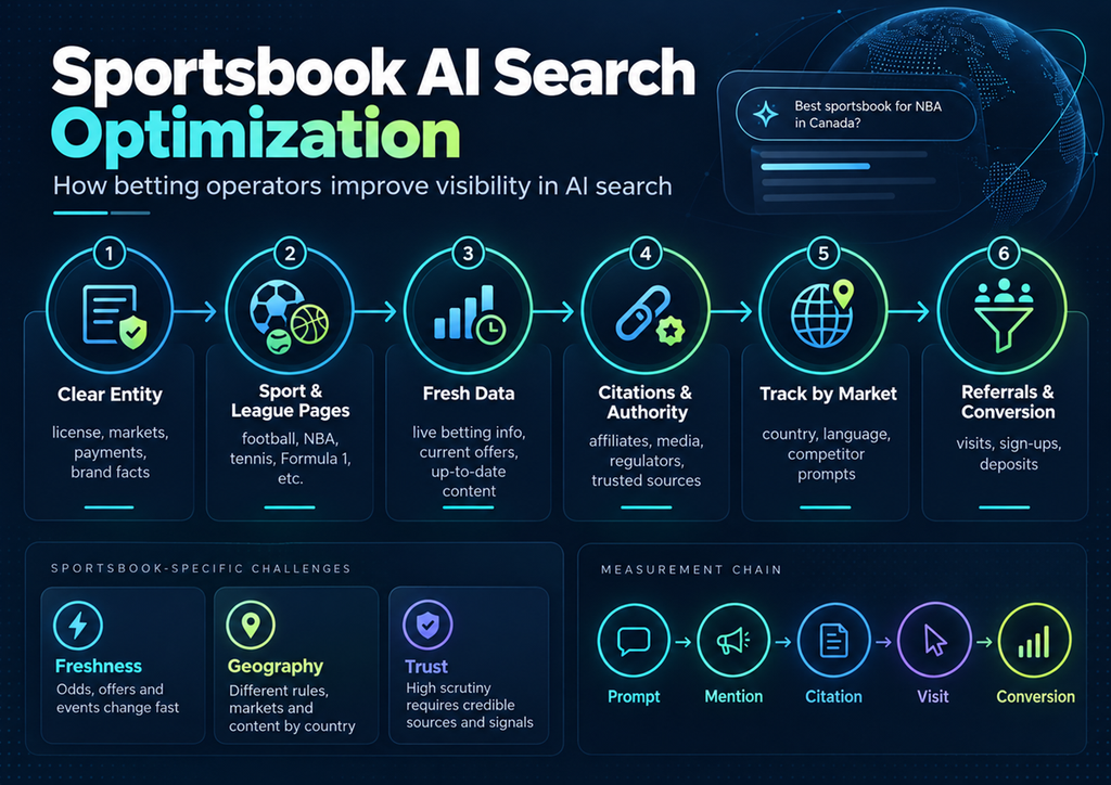 Sportsbook AI Search Optimization infographic showing entity clarity, sport and league pages, fresh betting data, citations, market tracking and referral conversion